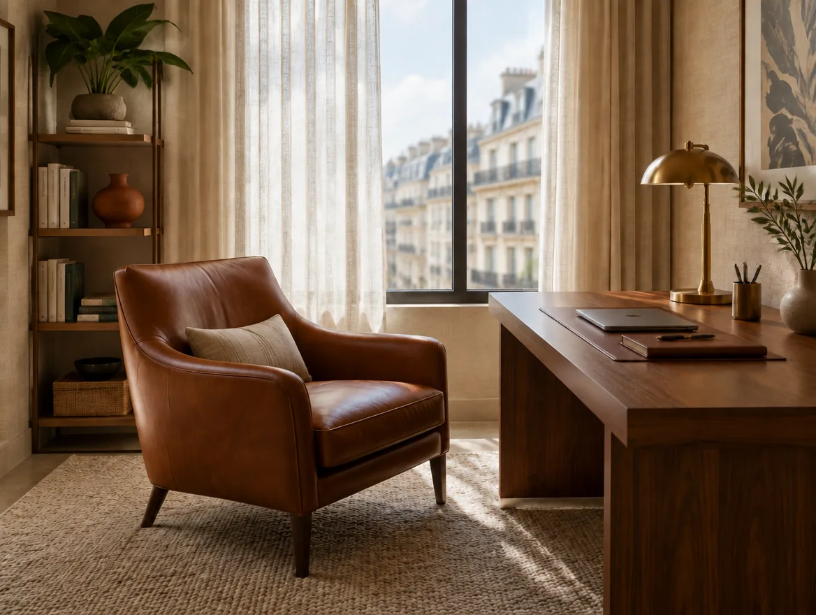 Le Cocon : fauteuil en cuir cognac, bureau en noyer et lampe en laiton devant une fenêtre aux voilages de lin